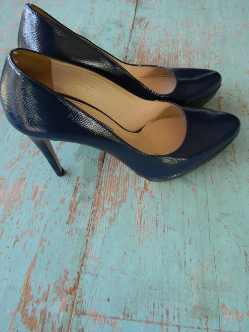 PRADA Navy Blue Patent Leather Heel Pumps 36.5 Italian Designer Round Toe